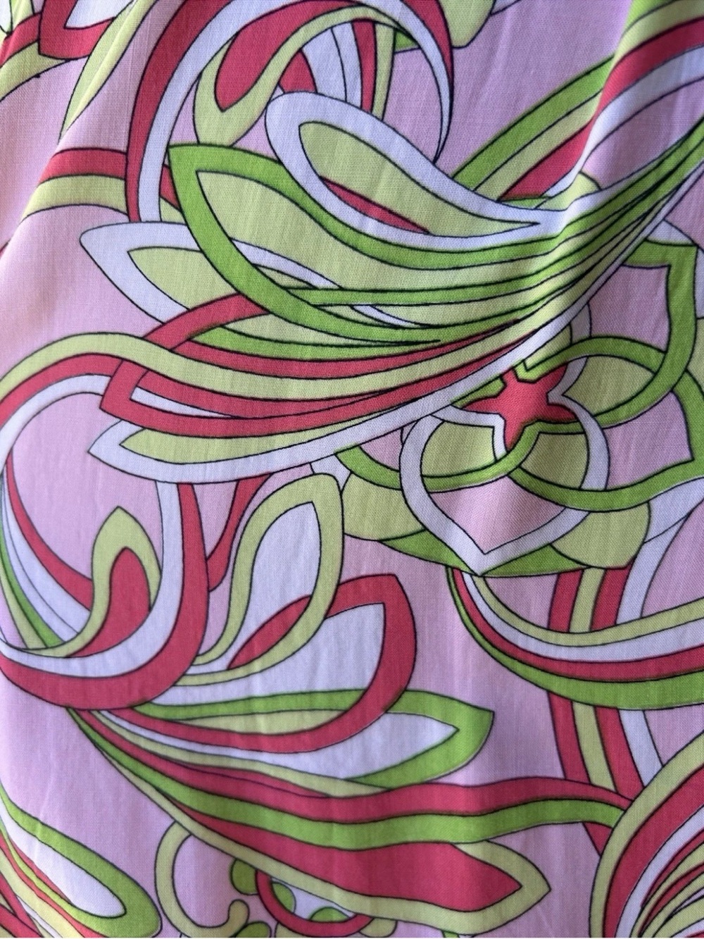 Crown & Ivy Tunic Top Size Medium Pink Green Floral Crochet Trim Ball Fringe - Picture 9 of 11